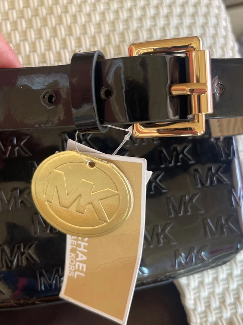 Michael Kors Black Patent MK Logo Belt Bag with Gold Plaque